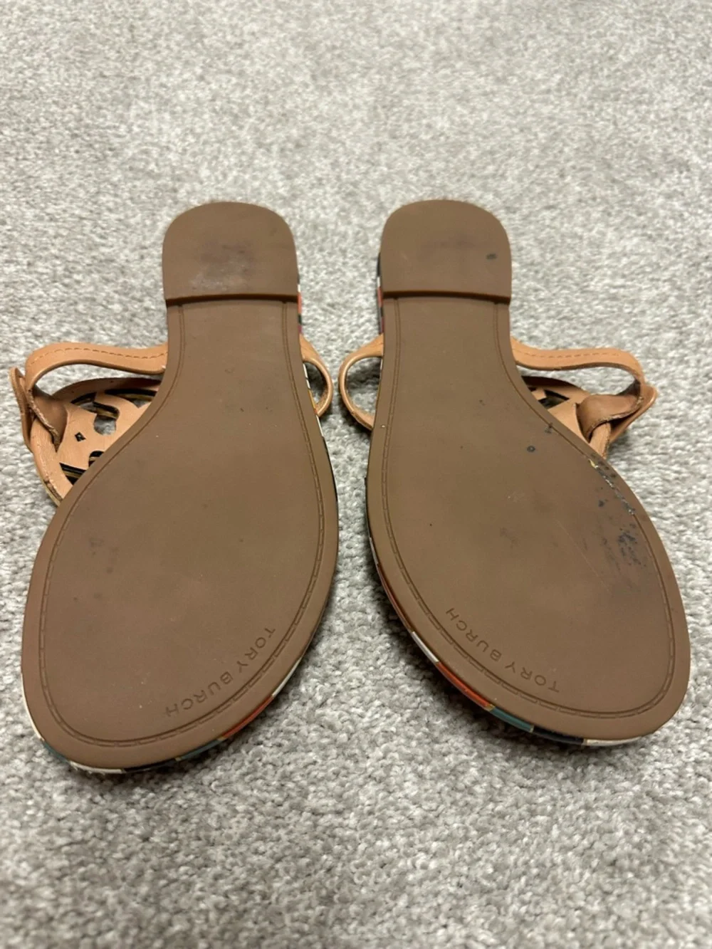 Tory Burch Miller tan Thong Sandals with Multicolor Trim and Logo Medallions - Picture 2 of 5